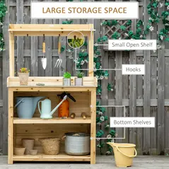 Outsunny Garden Potting Bench Table, Wooden Workstation Bench w/ Galvanized Metal Tabletop, Storage Shelves and Hooks, Natural - 5