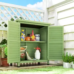 Outsunny Garden Shed Wooden Garden Storage Shed 2 Door Unit Solid Fir Wood Garage Tool Organisation Cabinet, 87L x 46.5W x 96.5Hcm, Green - 2