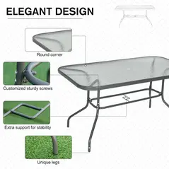 Outsunny Garden Dining Table Glass Top Metal Frame with Parasol Hole Outdoor Balcony Grey 140L x 80Wcm - 5