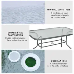 Outsunny Garden Dining Table Glass Top Metal Frame with Parasol Hole Outdoor Balcony Grey 140L x 80Wcm - 6