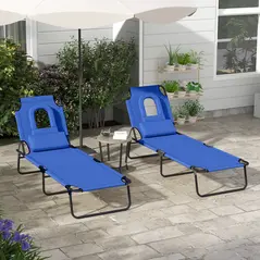 Outsunny Folding Sun Loungers Set of 2 with Face Hole, 4-Position Adjustable Backrest Garden Recliner Chairs Sunbeds, Outdoor Lounge Chairs with 600 D Oxford Cloth Seat, Pillow for Beach, Blue - 2