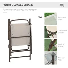 Outsunny Garden Patio Texteline Folding Chairs Plus Table and Parasol Furniture Bistro Set 6 Pieces - Coffee/Cream - 4