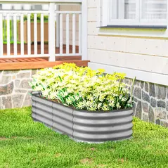 Outsunny Galvanised Raised Garden Bed, Metal Planter Box with Safety Edging, for Flowers, Herbs, Succulents, Silver - 8