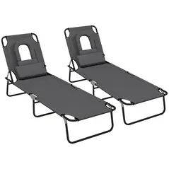 Outsunny Folding Sun Loungers Set of 2 with Face Hole, 4-Position Adjustable Backrest Garden Recliner Chairs Sunbeds, Outdoor Lounge Chairs with 600 D Oxford Cloth Seat, Pillow for Beach, Dark Grey - 1