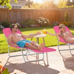 Outsunny Folding Sun Lounger with Head Pillow - Pink - 2