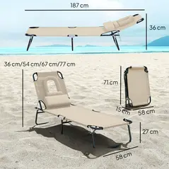 Outsunny Folding Sun Lounger with Face Hole, 4-Position Adjustable Backrest Garden Recliner Chair Sunbed, Outdoor Lounge Chair with 600 D Oxford Cloth Seat, Pillow for Beach, Beige - 3