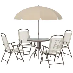 Outsunny Garden Patio Texteline Folding Chairs Plus Table and Parasol Furniture Bistro Set 6 Pieces - Coffee/Cream - 1