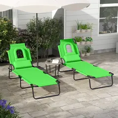 Outsunny Folding Sun Loungers Set of 2 with Face Hole, 4-Position Adjustable Backrest Garden Recliner Chairs Sunbeds, Outdoor Lounge Chairs with 600 D Oxford Cloth Seat, Pillow for Beach, Green - 2