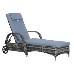 Outsunny Garden Rattan Furniture Single Sun Lounger Recliner Bed Reclining Chair Patio Outdoor Wicker Weave Adjustable Headrest with Fire Retardant Cushion - Grey - 1