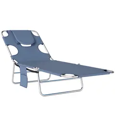 Outsunny Foldable Sun Lounger, Beach Chaise Lounge with Reading Hole, Arm Slots, 5-Position Adjustable Backrest, Side Pocket, Pillow for Garden, Beach, Pool, Grey - 1