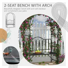 Outsunny Garden Metal Arch Bench Outdoor Patio Rose Trellis Arbour Pergola for Climbing Plant Antique Style 2-Seater Chair, Black - 4