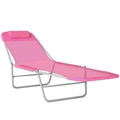 Outsunny Folding Sun Lounger with Head Pillow - Pink - 1