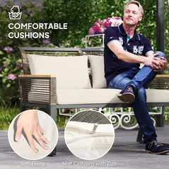 Outsunny Four Piece Wicker Rope Garden Furniture Set with Glass Top Coffee Table - Grey - 6