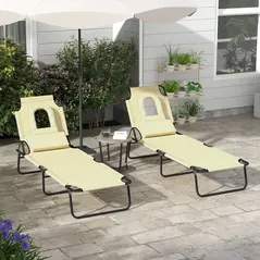 Outsunny Folding Sun Loungers Set of 2 with Face Hole, 4-Position Adjustable Backrest Garden Recliner Chairs Sunbeds, Outdoor Lounge Chairs with 600 D Oxford Cloth Seat, Pillow for Beach, Beige - 2