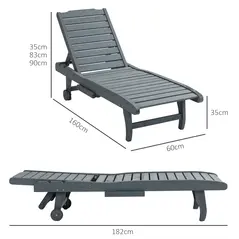 Outsunny Garden Patio Sun Lounger, Outdoor Wooden Sun Bed with Built-In Table, Reclining Backrest and Rolling Wheels for Sunbathing, Grey - 3