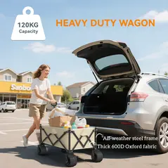 Outsunny Folding Garden Trolley, Outdoor Wagon Cart with Carry Bag, for Beach, Camping, Festival, 120KG Capacity, Khaki - 6