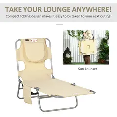 Outsunny Foldable Sun Lounger, Beach Chaise Lounge with Reading Hole, Arm Slots, 5-Position Adjustable Backrest, Side Pocket, Pillow for Garden, Beach, Pool, Beige - 7