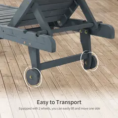 Outsunny Garden Patio Sun Lounger, Outdoor Wooden Sun Bed with Built-In Table, Reclining Backrest and Rolling Wheels for Sunbathing, Grey - 6