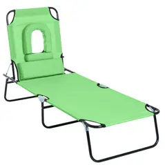 Outsunny Folding Sun Lounger with Face Hole, 4-Position Adjustable Backrest Garden Recliner Chair Sunbed, Outdoor Lounge Chair with 600 D Oxford Cloth Seat, Pillow for Beach, Green - 1