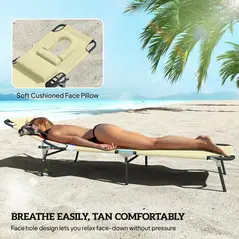 Outsunny Folding Sun Loungers Set of 2 with Face Hole, 4-Position Adjustable Backrest Garden Recliner Chairs Sunbeds, Outdoor Lounge Chairs with 600 D Oxford Cloth Seat, Pillow for Beach, Beige - 7