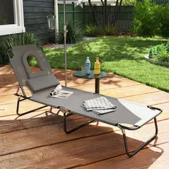 Outsunny Folding Sun Lounger Reclining Chair w/ Pillow Reading Hole Garden Beach - 2