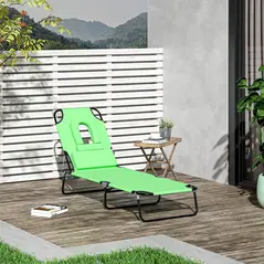 Outsunny Folding Sun Lounger with Face Hole, 4-Position Adjustable Backrest Garden Recliner Chair Sunbed, Outdoor Lounge Chair with 600 D Oxford Cloth Seat, Pillow for Beach, Green - 2