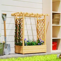 Outsunny Garden Planter with Trellis, Wooden Raised Bed for Garden with Hanging Roof and Drainage Holes, Outdoor Trellis Planter Box for Vegetables, Herbs and Flowers, 110 x 44 x 113 cm, Natural - 2