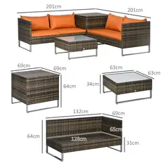 Outsunny Four-Piece Rattan Sofa Set, with Storage Table - Orange/Brown - 3