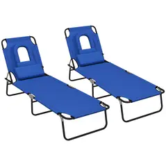 Outsunny Folding Sun Loungers Set of 2 with Face Hole, 4-Position Adjustable Backrest Garden Recliner Chairs Sunbeds, Outdoor Lounge Chairs with 600 D Oxford Cloth Seat, Pillow for Beach, Blue - 1