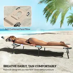 Outsunny Folding Sun Lounger with Face Hole, 4-Position Adjustable Backrest Garden Recliner Chair Sunbed, Outdoor Lounge Chair with 600 D Oxford Cloth Seat, Pillow for Beach, Beige - 7