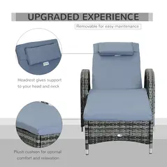 Outsunny Garden Rattan Furniture Single Sun Lounger Recliner Bed Reclining Chair Patio Outdoor Wicker Weave Adjustable Headrest with Fire Retardant Cushion - Grey - 6
