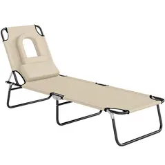 Outsunny Folding Sun Lounger with Face Hole, 4-Position Adjustable Backrest Garden Recliner Chair Sunbed, Outdoor Lounge Chair with 600 D Oxford Cloth Seat, Pillow for Beach, Beige - 1
