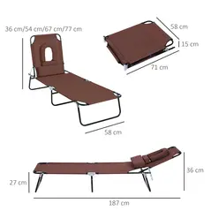Outsunny Folding Sun Lounger with Face Hole, 4-Position Adjustable Backrest Garden Recliner Chair Sunbed, Outdoor Lounge Chair with 600 D Oxford Cloth Seat, Pillow for Beach, Brown - 3