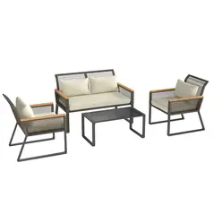 Outsunny Four Piece Wicker Rope Garden Furniture Set with Glass Top Coffee Table - Grey - 1