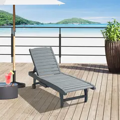 Outsunny Garden Patio Sun Lounger, Outdoor Wooden Sun Bed with Built-In Table, Reclining Backrest and Rolling Wheels for Sunbathing, Grey - 2
