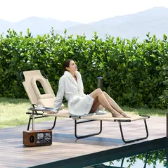 Outsunny Folding Sun Lounger with Face Hole, 4-Position Adjustable Backrest Garden Recliner Chair Sunbed, Outdoor Lounge Chair with 600 D Oxford Cloth Seat, Pillow for Beach, Beige - 2