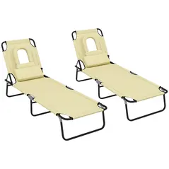 Outsunny Folding Sun Loungers Set of 2 with Face Hole, 4-Position Adjustable Backrest Garden Recliner Chairs Sunbeds, Outdoor Lounge Chairs with 600 D Oxford Cloth Seat, Pillow for Beach, Beige - 1