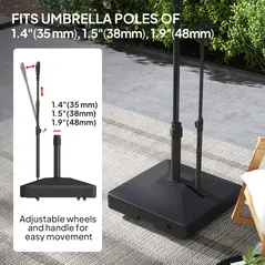 Outsunny Garden Parasol Base with Adjustable Wheels and Handle, Garden Sun Umbrella Base Parasol Stand, Filled Up to 55kg with Stand, 45kg with Water for 35, 38, 48 mm Poles, Black - 4