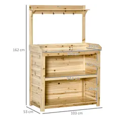 Outsunny Garden Potting Bench Table, Wooden Workstation Bench w/ Galvanized Metal Tabletop, Storage Shelves and Hooks, Natural - 3