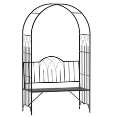 Outsunny Garden Metal Arch Bench Outdoor Patio Rose Trellis Arbour Pergola for Climbing Plant Antique Style 2-Seater Chair, Black - 1