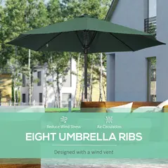 Outsunny Garden 3 m Parasol Umbrella, Outdoor Market Table Umbrella Sun Shade Canopy with 8 Ribs, Easy Push to Open, Green - 4