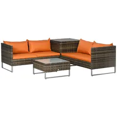Outsunny Four-Piece Rattan Sofa Set, with Storage Table - Orange/Brown - 1