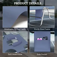 Outsunny Foldable Sun Lounger, Beach Chaise Lounge with Reading Hole, Arm Slots, 5-Position Adjustable Backrest, Side Pocket, Pillow for Garden, Beach, Pool, Grey - 6