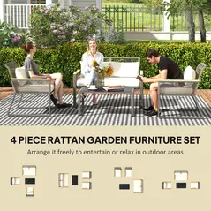Outsunny Four Piece Wicker Rope Garden Furniture Set with Glass Top Coffee Table - Grey - 4