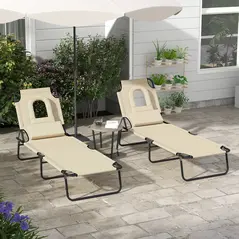 Outsunny Folding Sun Loungers Set of 2 with Face Hole, 4-Position Adjustable Backrest Garden Recliner Chairs Sunbeds, Outdoor Lounge Chairs with 600 D Oxford Cloth Seat, Pillow for Beach, Sand - 2