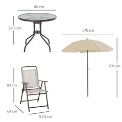Outsunny Garden Patio Texteline Folding Chairs Plus Table and Parasol Furniture Bistro Set 6 Pieces - Coffee/Cream - 3