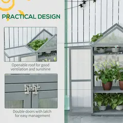 Outsunny Garden Cold Frame Polycarbonate Greenhouse with Adjustable Shelves, Double Doors, Openable Top Covers, Grow House for Flower Vegetable Plants, 80 x 47 x 138cm, Grey - 6