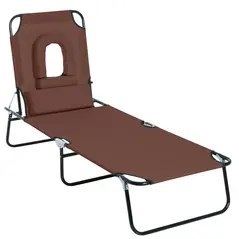 Outsunny Folding Sun Lounger with Face Hole, 4-Position Adjustable Backrest Garden Recliner Chair Sunbed, Outdoor Lounge Chair with 600 D Oxford Cloth Seat, Pillow for Beach, Brown - 1