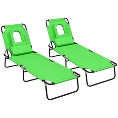 Outsunny Folding Sun Loungers Set of 2 with Face Hole, 4-Position Adjustable Backrest Garden Recliner Chairs Sunbeds, Outdoor Lounge Chairs with 600 D Oxford Cloth Seat, Pillow for Beach, Green - 1