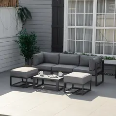 Outsunny Garden Daybed, 6 Piece Outdoor Sectional Sofa Set, Aluminum Patio Conversation Furniture Set with Coffee Table, Footstool and Cushions, Grey - 2